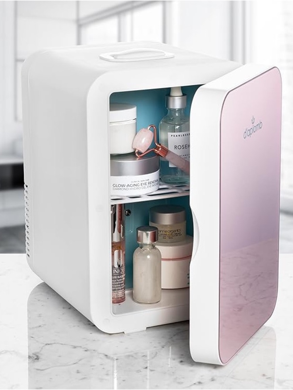 Pink & White Mini Cosmetic Cooler - Compact Skincare Fridge